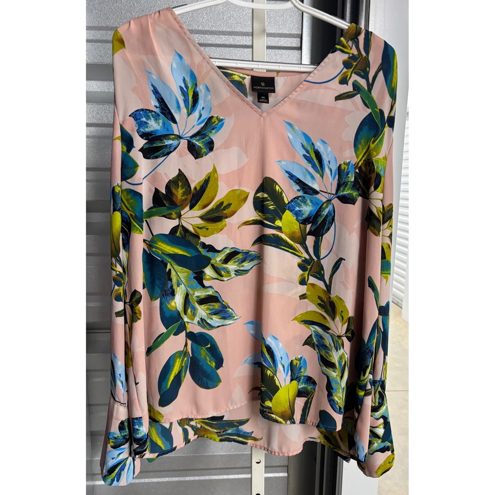 Worthington Pink Tropical Floral V-Neck Bell Sleeve Blouse XL